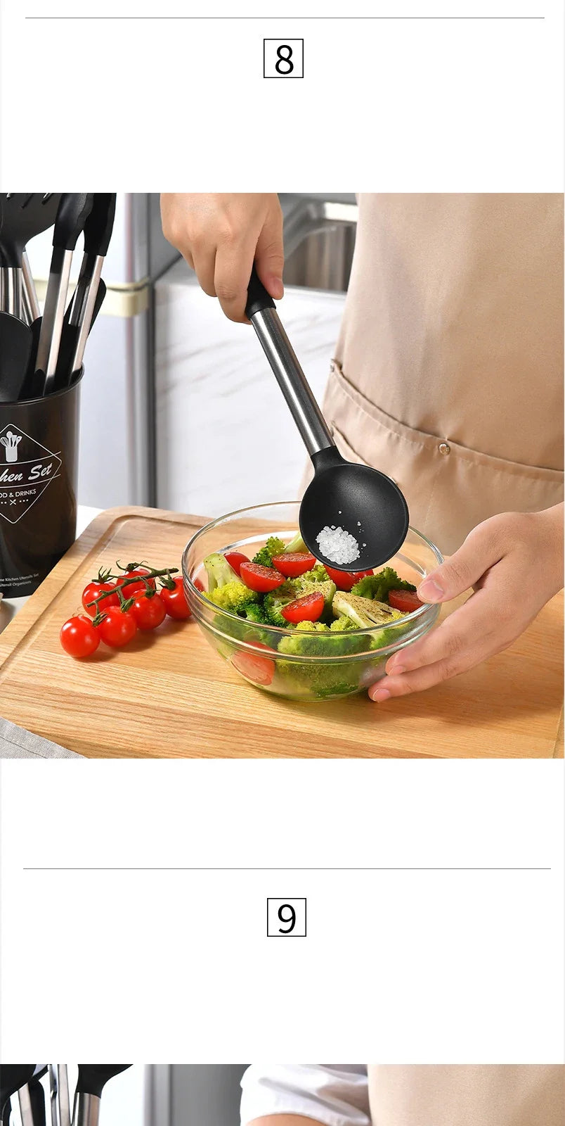Ustensiles de cuisine en silicone antiadhésif, 15 pièces, spatule, pelle, outil de cuisson, manche en acier inoxydable, ensemble F2 avec rangement, E27 l'atelier des ustensiles