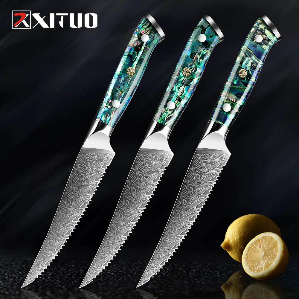 Couteau à steak dentelé en acier Damas, lame tranchante, cuisine, fruits, manche en coquille d'ormeau, qualité supérieure, 1 à 6 pièces l'atelier des ustensiles