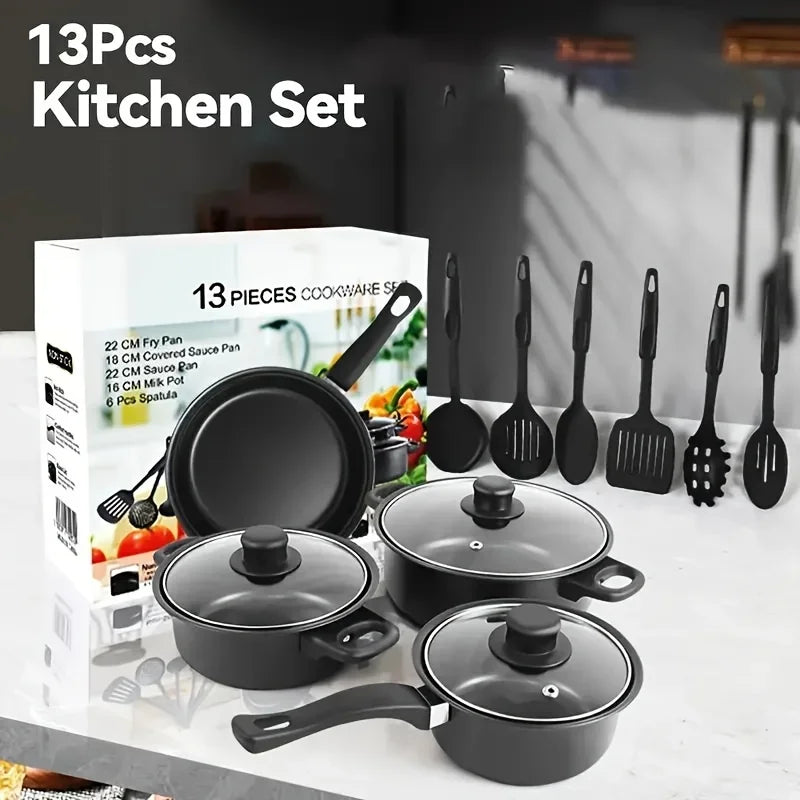 Ensemble de 13 ustensiles de cuisine antiadhésifs, casseroles et poêles compatibles avec l'induction, avec poêle à frire et ustensiles pour la cuisine à domicile ou le camping l'atelier des ustensiles