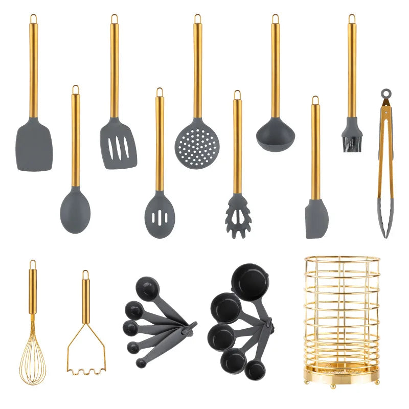 Spatule en silicone, cuillère à soupe, ensemble de 23 pièces, spatule en silicone plaquée or, spatule en silicone de qualité alimentaire, ustensiles de cuisine en silicone l'atelier des ustensiles