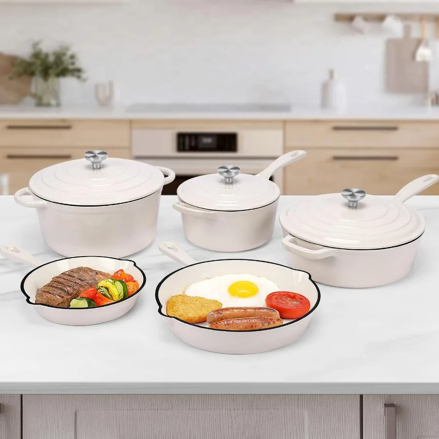 Batterie de cuisine antiadhésive en fonte émaillée, 5 pièces, casseroles et poêles avec couvercle, poêle à frire, casserole et four hollandais pour tous les cuisinières l'atelier des ustensiles
