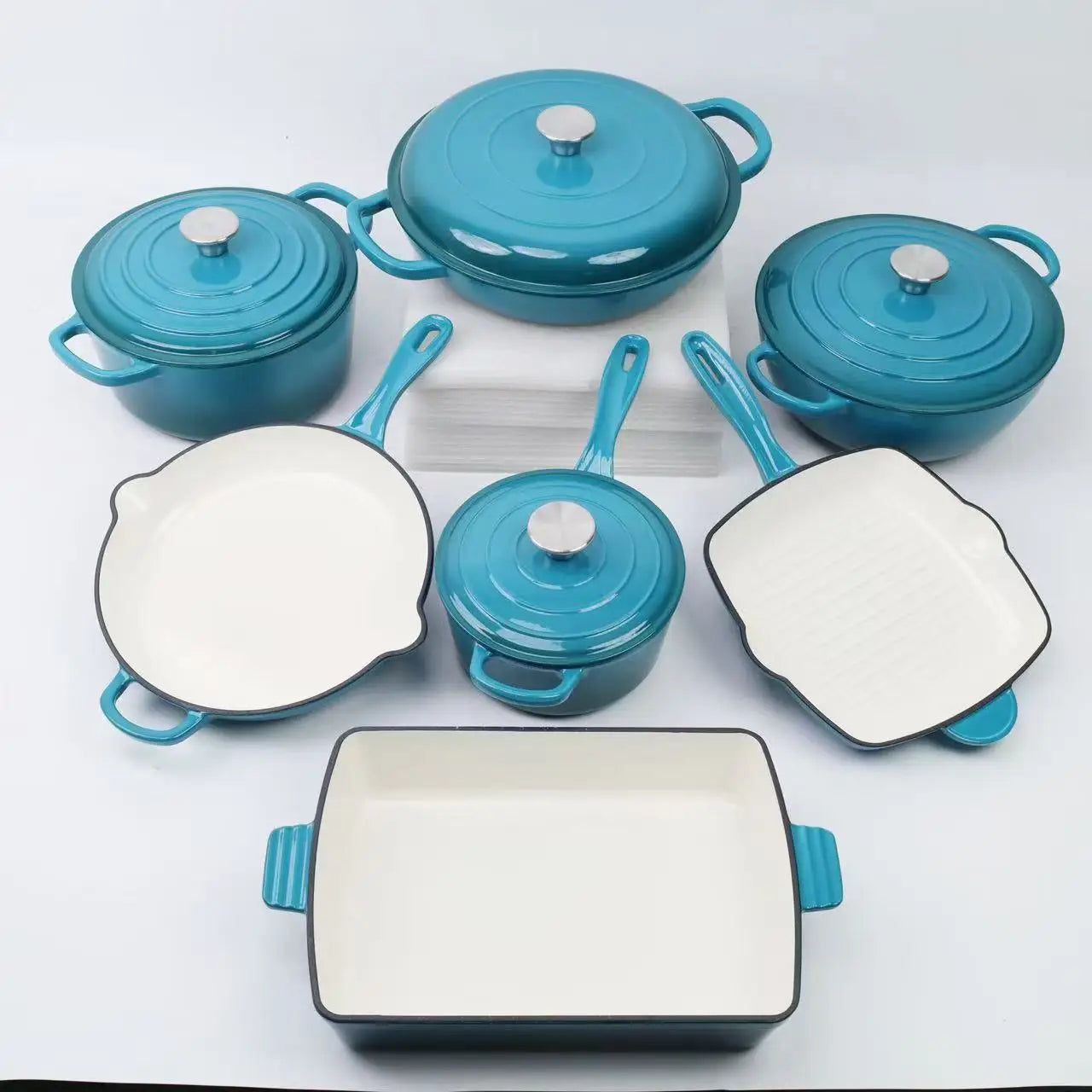 Ensemble de casseroles en émail multicolore, 11 pièces, ustensiles de cuisine en fonte, four hollandais à Induction, vente en gros l'atelier des ustensiles