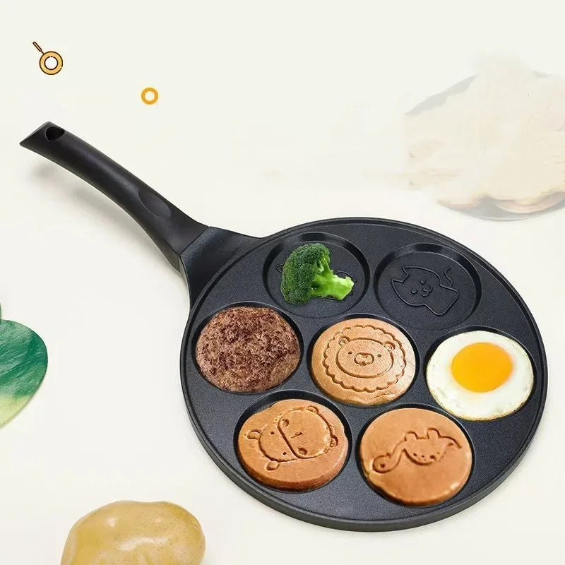 JUSTINLAU poêle à crêpes à sept trous en alliage d'aluminium Pot de petit déjeuner Smiley Animal poignée en bakélite poêle antiadhésive poêle à omelette frite l'atelier des ustensiles