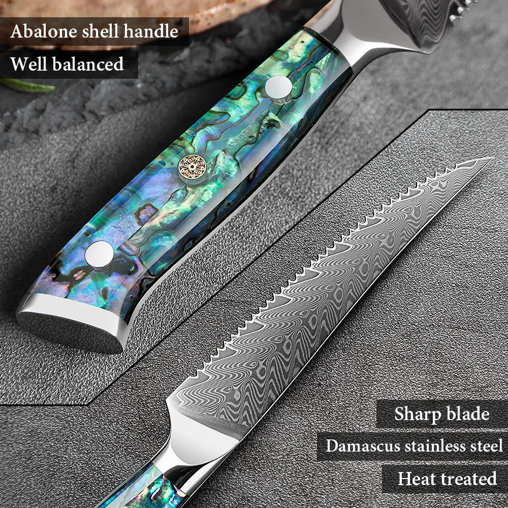 Couteau à steak dentelé en acier Damas, lame tranchante, cuisine, fruits, manche en coquille d'ormeau, qualité supérieure, 1 à 6 pièces l'atelier des ustensiles