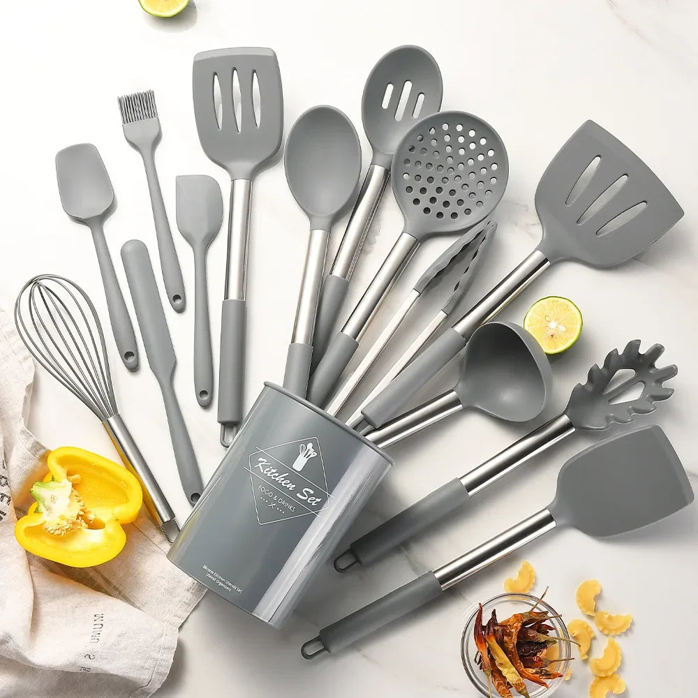 Ustensiles de cuisine en silicone antiadhésif, 15 pièces, spatule, pelle, outil de cuisson, manche en acier inoxydable, ensemble F2 avec rangement, E27 l'atelier des ustensiles