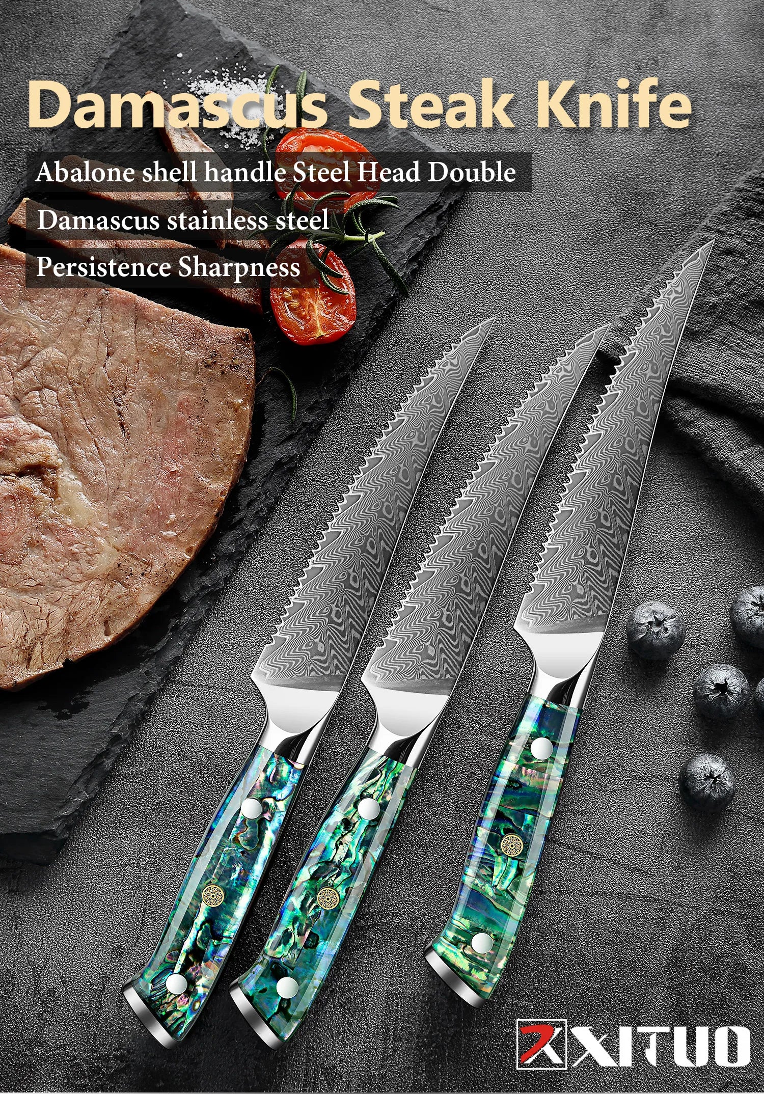 Couteau à steak dentelé en acier Damas, lame tranchante, cuisine, fruits, manche en coquille d'ormeau, qualité supérieure, 1 à 6 pièces l'atelier des ustensiles