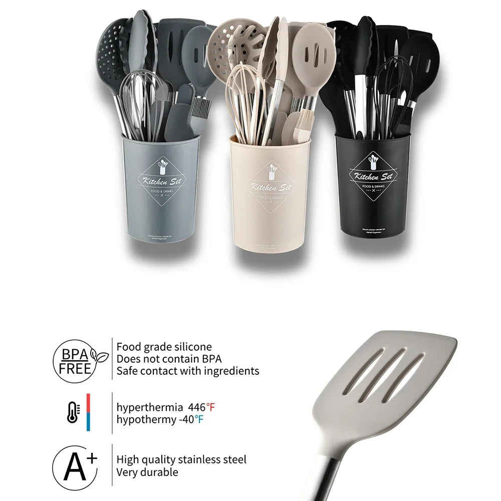 Ustensiles de cuisine en silicone antiadhésif, 15 pièces, spatule, pelle, outil de cuisson, manche en acier inoxydable, ensemble F2 avec rangement, E27 l'atelier des ustensiles