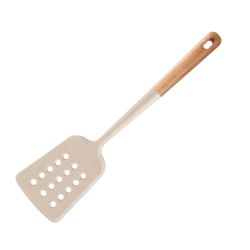 Ensemble d'ustensiles de cuisine en silicone avec manche en bois dur durable, outil de degré de chaleur, tourneur antiadhésif, kit de spatule à cuillère fendue, nouveau l'atelier des ustensiles