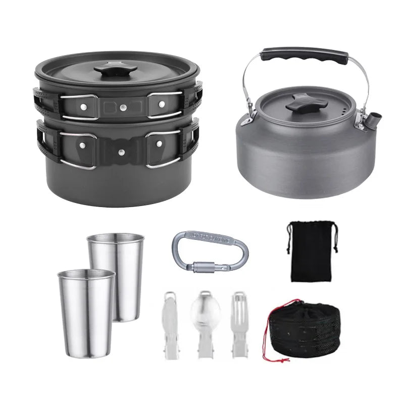 Fournitures d'extérieur-ensemble de casseroles pour 2-3 personnes pour Camping en plein air, ustensiles de cuisine, ensemble de théière pliante l'atelier des ustensiles