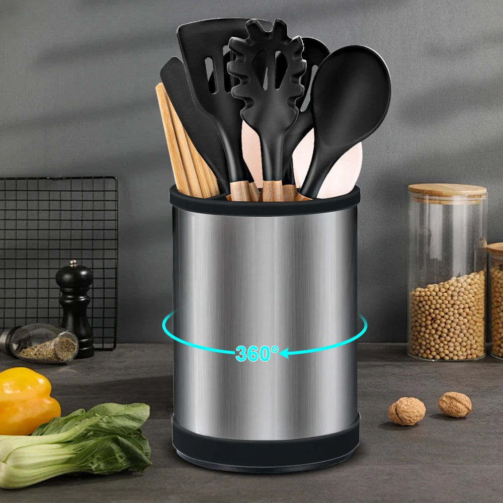 360 °   Porte-ustensiles rotatif en acier inoxydable, égouttoir à couverts, baguettes, cuillères, fourchettes, vaisselle, seau de rangement de cuisine l'atelier des ustensiles