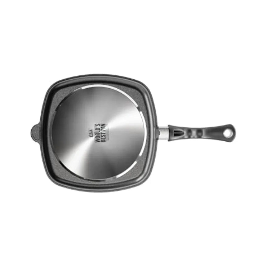 Poêle à frire carrée AMT Gastroguss The Worlds avec base grill en forme de losange pour induction 28 x 28 cm, hauteur 5 cm, aluminium moulé sous pression l'atelier des ustensiles