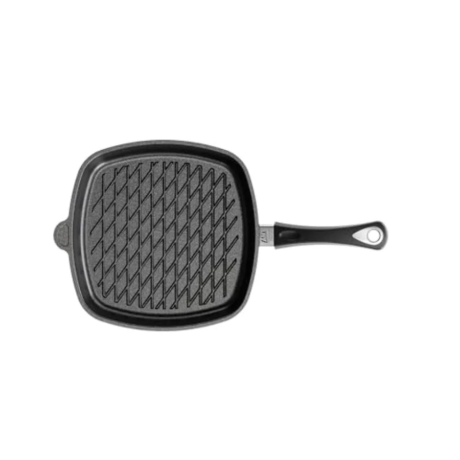 Poêle à frire carrée AMT Gastroguss The Worlds avec base grill en forme de losange pour induction 28 x 28 cm, hauteur 5 cm, aluminium moulé sous pression l'atelier des ustensiles