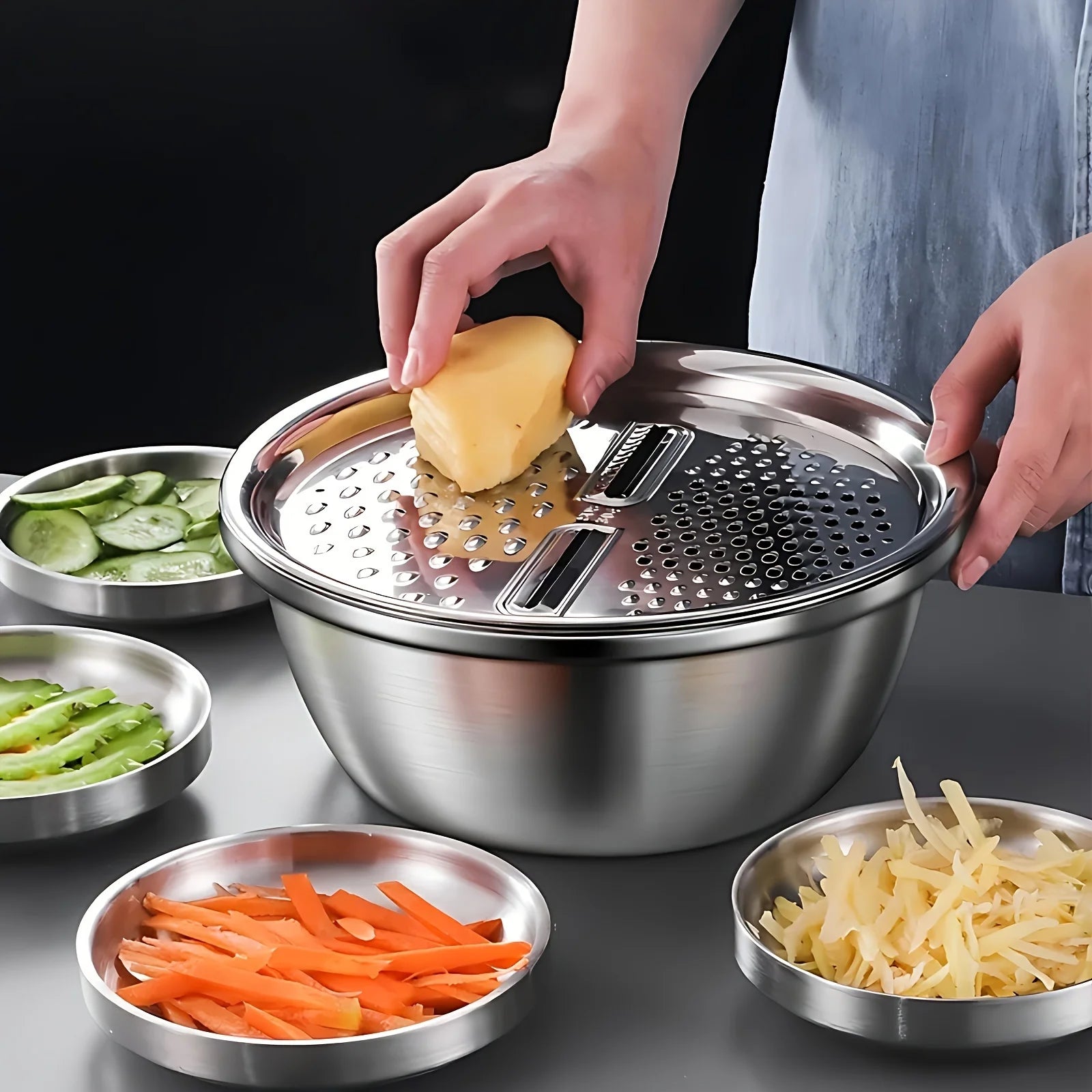 Kit de cuisine 3 pièces avec bol à mélanger multifonctionnel en acier inoxydable, trancheur de légumes, adapté au nettoyage et au trancher des Fruits l'atelier des ustensiles
