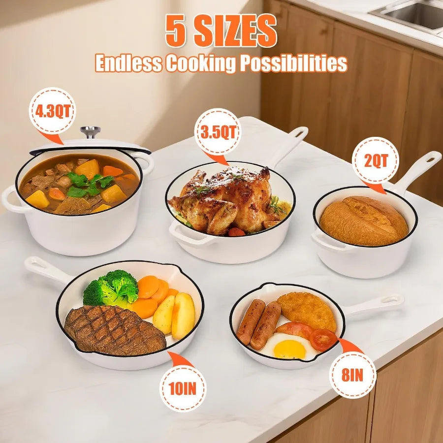 Batterie de cuisine antiadhésive en fonte émaillée, 5 pièces, casseroles et poêles avec couvercle, poêle à frire, casserole et four hollandais pour tous les cuisinières l'atelier des ustensiles