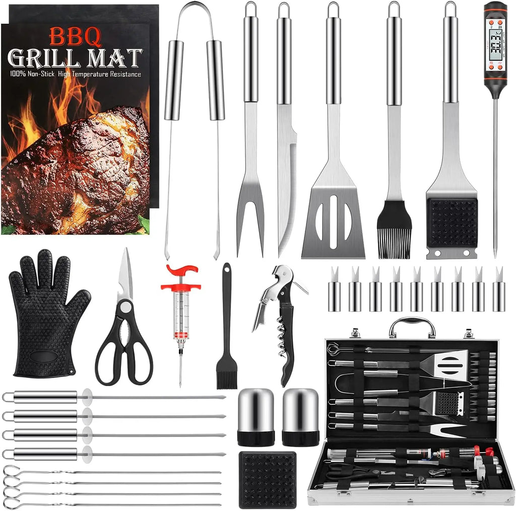 Ensemble de 34 outils de barbecue avec étui en aluminium, spatule, pinces et brochettes pour grillades en plein air, cadeaux l'atelier des ustensiles