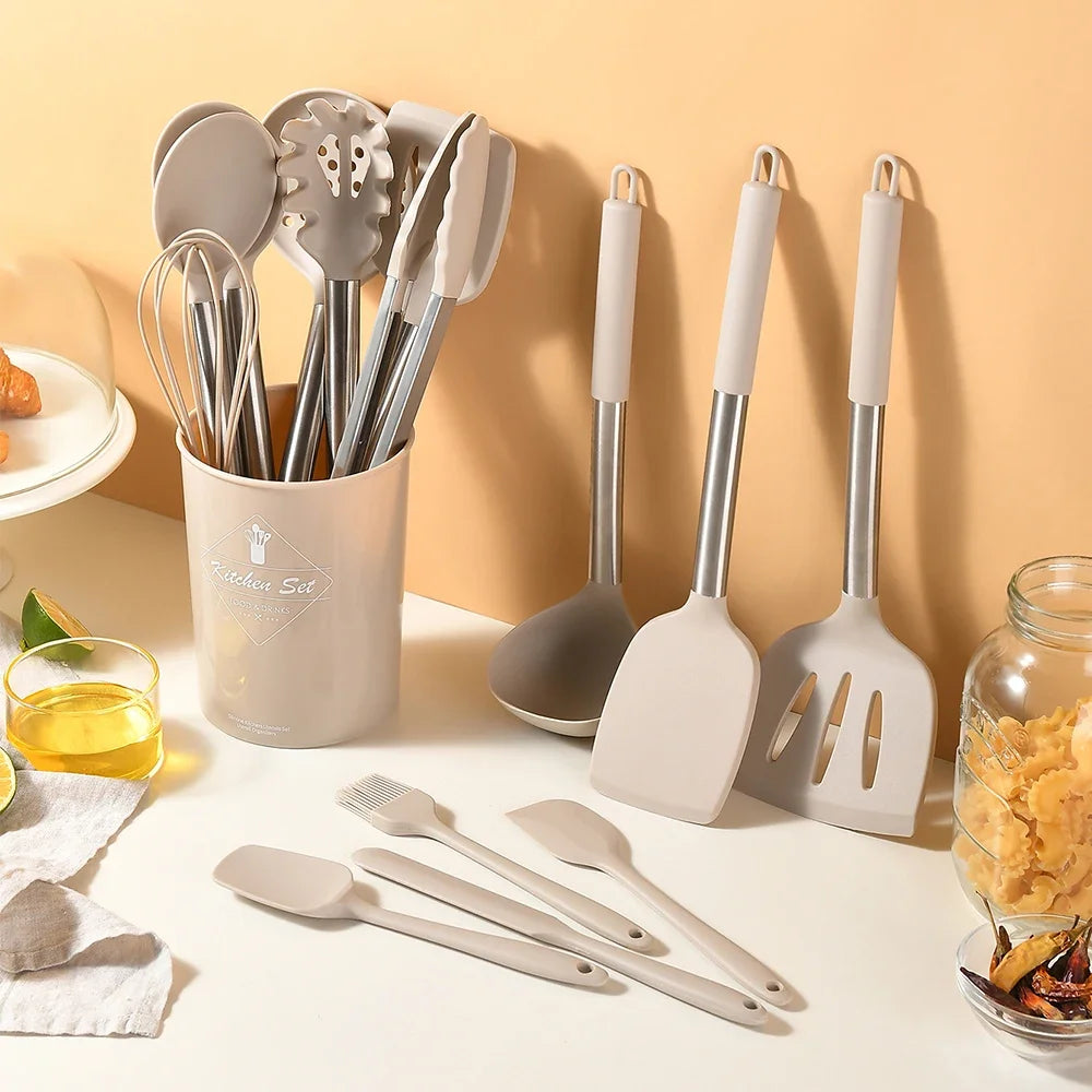 Ustensiles de cuisine en silicone antiadhésif, 15 pièces, spatule, pelle, outil de cuisson, manche en acier inoxydable, ensemble F2 avec rangement, E27 l'atelier des ustensiles